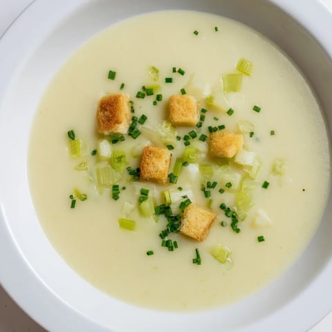 Steaming bowl of Potato Leek Soup, perfectly smooth and garnished with fresh chives, ready to be enjoyed.