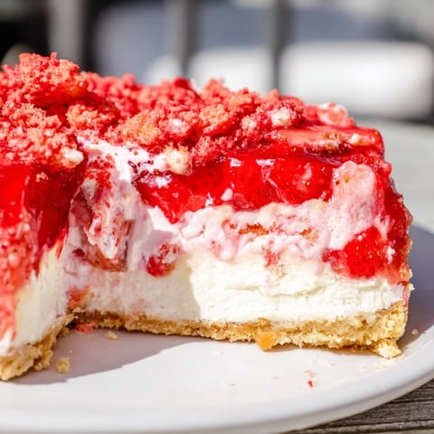 A slice of creamy strawberry shortcake cheesecake with a vibrant strawberry layer and cookie crumble.