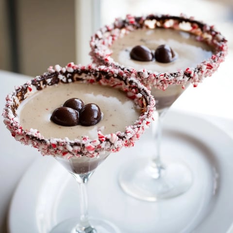 Creamy Peppermint Espresso Martinis served in sugared glass, a delicious holiday cocktail recipe.