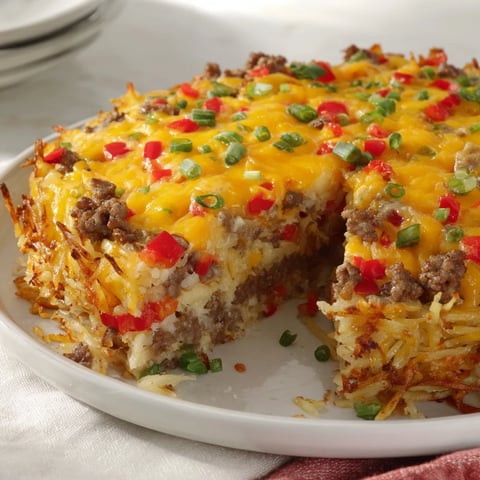 Golden-brown Quick Christmas Morning Hash Brown Bake, bubbling with melted cheddar and savory sausage.