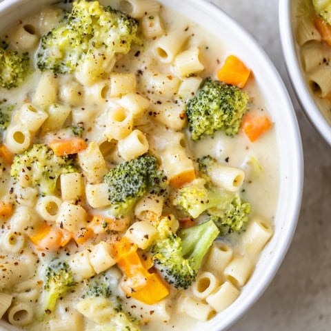 One-Pot Broccoli Cheddar Ditalini Soup, a hearty, steaming bowl full of creamy goodness.
