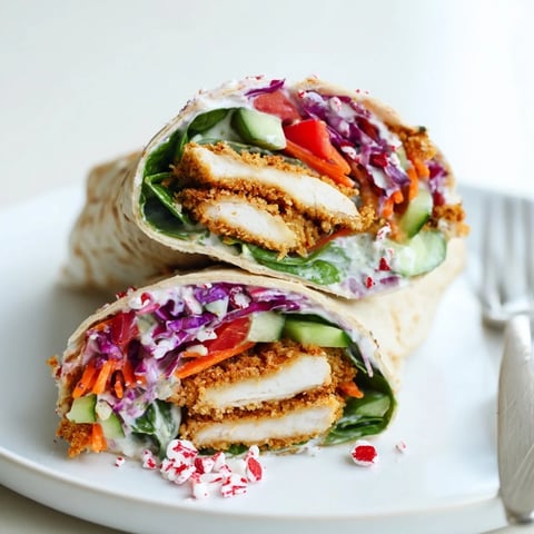 Crispy Candy Cane Crunch Chicken Veggie Wrap, showcasing colorful filling and golden chicken strips.