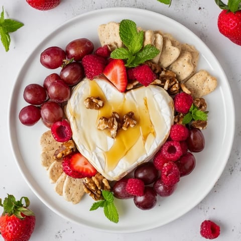 Heart-shaped Sweetheart Brie and Jam Board filled with fresh fruit, crackers, and creamy Brie, visually stunning.