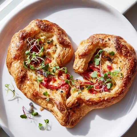 Golden-brown Cœurs Entrelacés, a Valentine's Day appetizer, showcasing flaky pastry and creamy cheese.