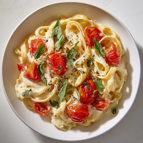 Baked Brie Pasta Sauce: creamy, melted brie coats fettuccine with roasted cherry tomatoes and fresh basil.