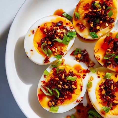 Steaming Chili Oil Eggs, the vibrant yolks glistening under a spicy chili oil drizzle.