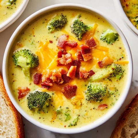 Creamy Broccoli Cheddar Soup, garnished with crispy bacon and extra cheese, ready to be enjoyed.