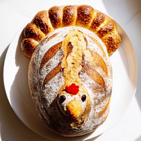 Golden-crusted turkey-shaped sourdough bread, a stunning savory centerpiece ready for the holiday table.
