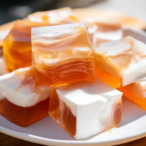 Creamy sweet topping cascading over refreshing coffee jelly dessert, a perfect Japanese treat.