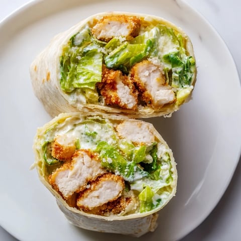 Golden-brown Crispy Chicken Caesar Wrap sliced in half, showcasing juicy chicken, fresh romaine, and creamy dressing inside a soft flour tortilla.