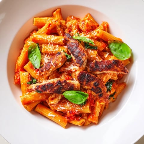 Steam rises from a bowl of Spicy Tomato Chicken Pasta, with penne coated in a vibrant red chili-infused tomato sauce and tender seared chicken strips.  