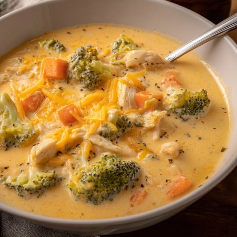 A bowl of creamy Chicken Broccoli Cheddar Soup, featuring tender chicken, bright broccoli florets, and melted cheddar, ready to serve hot.  