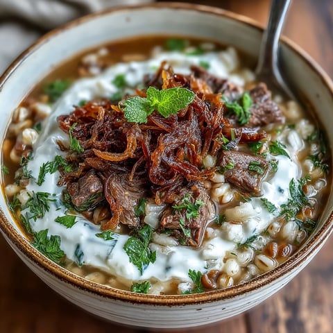 Hearty beef barley soup with tender beef, herbs, and a creamy sour cream swirl.