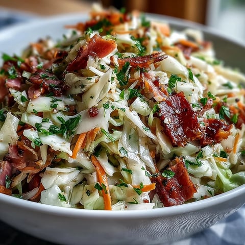 Freshly shredded green and red cabbage tossed with grated carrot, red onion, and smoky ham in a tangy German-style dressing, garnished with parsley.
