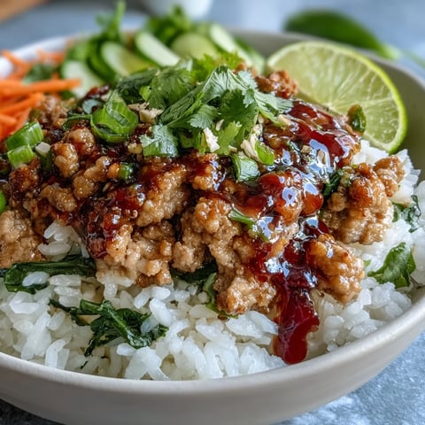 Ground turkey sizzles in tangy bang bang sauce over fluffy rice with fresh veggies and lime.  