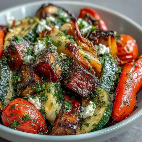 Freshly roasted Mediterranean Greek vegetables with caramelized edges, topped with crumbled feta and chopped parsley on a platter.