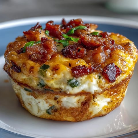 Golden-brown Breakfast Egg Muffins with cheddar, bell peppers, and crumbled bacon, served warm from the oven.