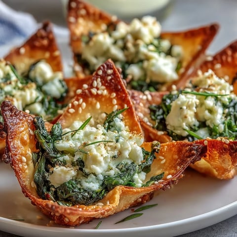 Golden Mediterranean spinach and feta crisps in wonton cups are garnished with sesame seeds. 