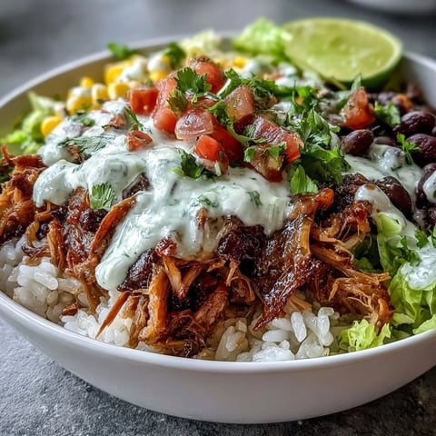Steamed carnitas burrito bowl with fluffy rice, black beans, and fresh lime crema.