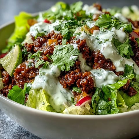 A finished Healthy Taco Bowl topped with seasoned beef, fresh vegetables, and creamy lime yogurt crema.