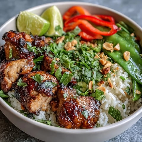 A close-up of Thai Chicken Coconut Bowl with fluffy coconut rice, juicy chicken, and fresh vegetables.