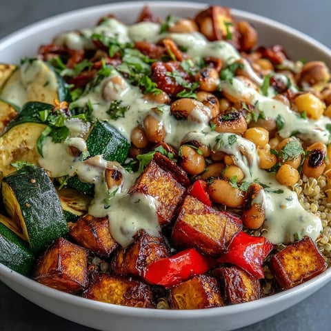 A vibrant Black-Eyed Pea Buddha Bowl with golden roasted sweet potatoes and creamy avocado slices on a bed of fluffy quinoa.