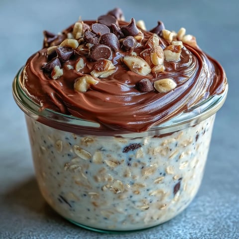 Two jars of Peanut Butter Cup Overnight Oats layered with rich cocoa ganache and mini chocolate chips.