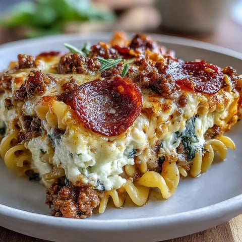Golden, bubbling High-Protein Pizza Pasta Bake fresh from the oven, loaded with ground beef, pepperoni, and melty mozzarella.
