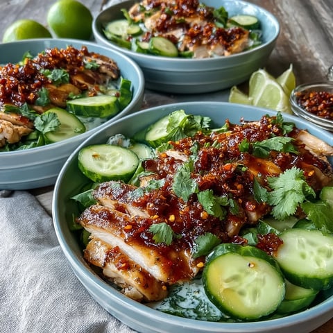 Sliced seared chicken rests on a creamy cucumber salad, garnished with sesame seeds and drizzled with chili crisp, served over fluffy white rice.
