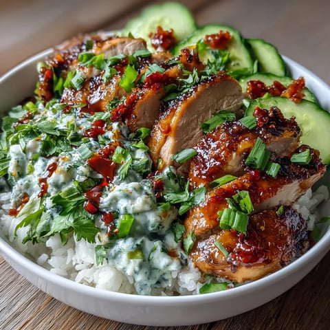 Sliced seared chicken and creamy cucumbers topped with chili crisp in a white bowl, served with jasmine rice and green onions for a vibrant weeknight meal.