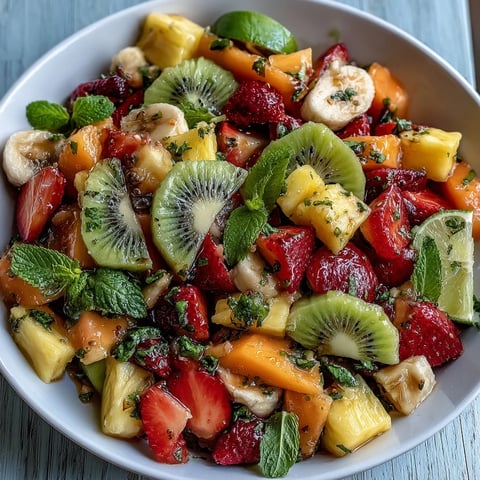 Freshly diced pineapple, mango, and kiwi in Tropical Fruit Salad with Mint Lime Dressing, garnished with mint on a white plate.