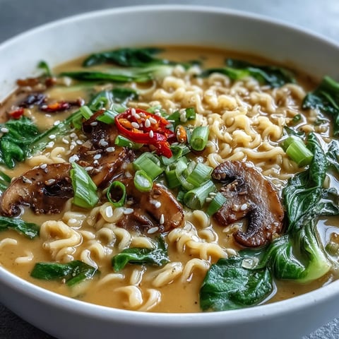Steaming bowl of Vegan Coconut Curry Ramen with bok choy and mushrooms, garnished with fresh scallions and sesame seeds.