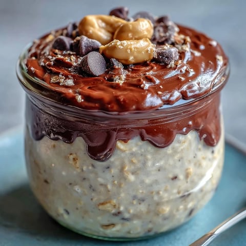 Velvety overnight oats layered with rich cocoa ganache and mini chocolate chips, inspired by the classic peanut butter cup flavor combination.