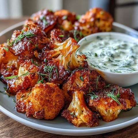 Crispy roasted cauliflower florets tossed in spicy buffalo sauce, served with a creamy, tangy ranch yogurt dip for a keto-friendly appetizer.  