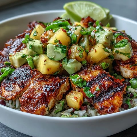 Mango Avocado Salsa Chicken Bowls with Brown Rice and Black Beans: Colorful bowl with juicy grilled chicken, vibrant mango-avocado salsa, and hearty black beans over fluffy brown rice.  