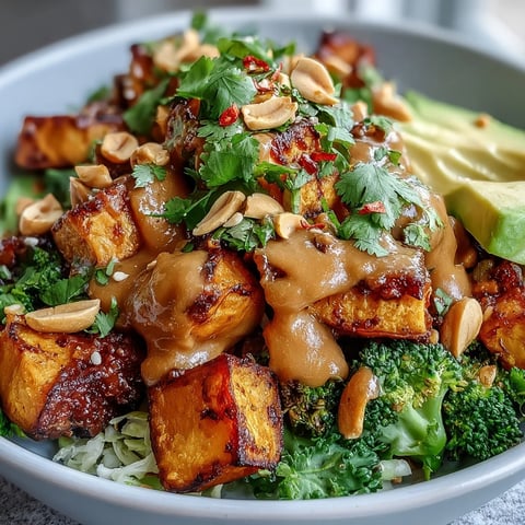 Colorful Thai Peanut Sweet Potato Buddha Bowl with roasted sweet potatoes, fresh vegetables, and creamy peanut sauce, perfect for a nourishing vegan meal.