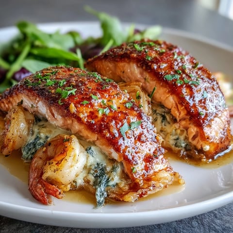 Crab and shrimp stuffed salmon with creamy spinach filling and Cajun-spiced shrimp topping, baked until tender and golden.