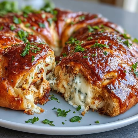 Golden baked chicken pillows filled with creamy cheeses and shredded chicken, topped with rich garlic Parmesan butter sauce.