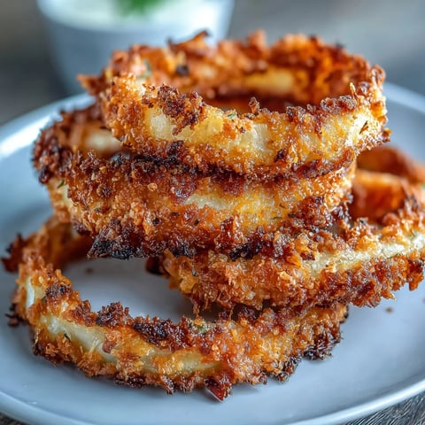 Golden crispy onion rings in the air fryer with creamy garlic aioli dip, perfect for a crunchy appetizer.  