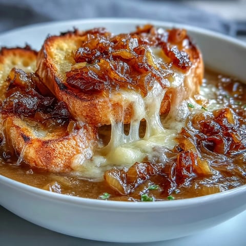 Rich caramelized French onion soup with golden sourdough Gruyere crostini, slow-cooked onions in savory broth, perfect for cozy winter evenings.  