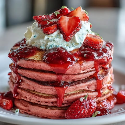Fluffy pink pancakes with beetroot, topped with sweet strawberry compote and fresh berries for a festive Galentine's brunch.