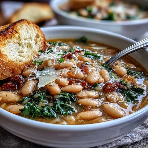 A steaming bowl of Tuscan white bean soup with kale, topped with Parmesan and fresh parsley, perfect for a cozy dinner.