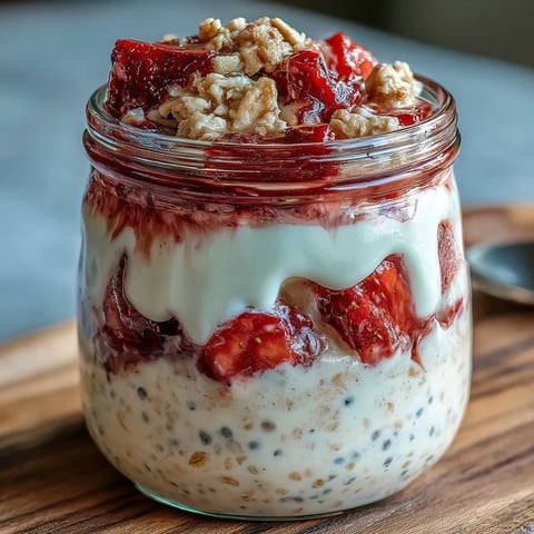 Strawberry cheesecake overnight oats in mason jars with creamy yogurt and fresh berries, perfect for a healthy breakfast on the go.