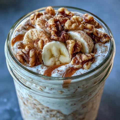Banana bread overnight oats with walnuts in a glass jar, topped with banana slices and a sprinkle of cinnamon, ready for a cozy breakfast.  