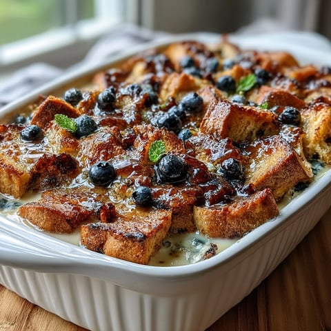 A golden-brown Blueberry Sourdough French Toast Bake fresh from the oven, with juicy berries bursting through custard-soaked sourdough cubes and a cinnamon-sugar crust.