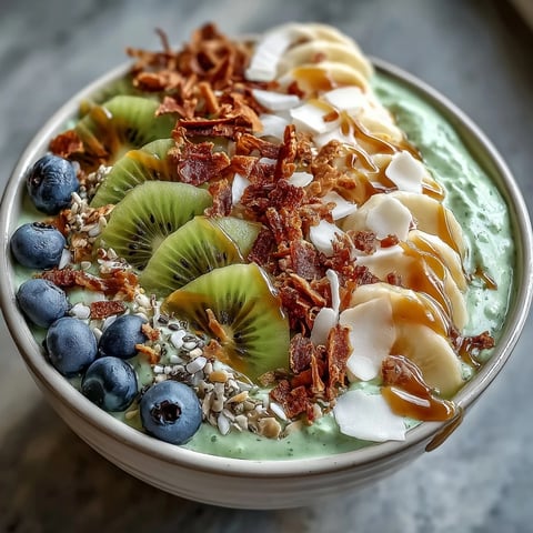 Vibrant matcha overnight oats with coconut and chia seeds in a glass jar, topped with fresh kiwi slices and shredded coconut.