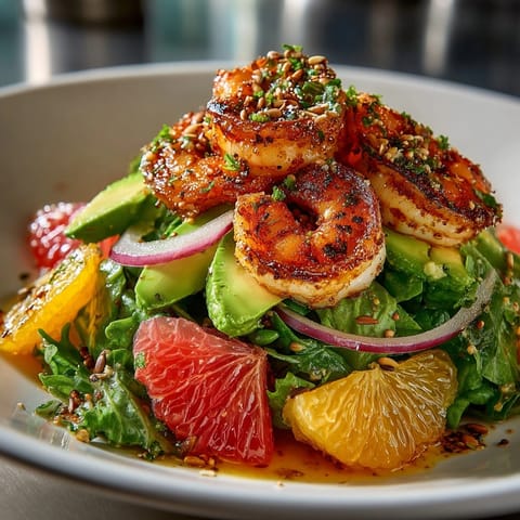 Juicy grilled shrimp nestled in California Avocado Citrus Salad with zesty citrus segments and vinaigrette