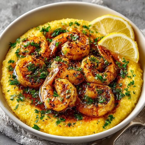 Hearty cast-iron skillet shrimp and grits, garnished with fresh parsley and lemon wedges