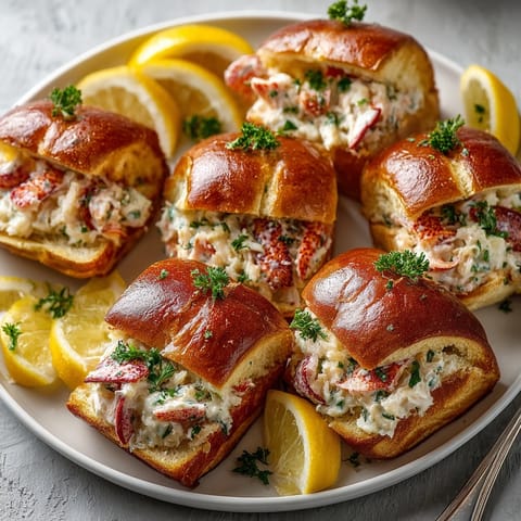 Golden, buttery slider buns filled with lobster roll sliders and creamy lemon-herb aioli garnish.