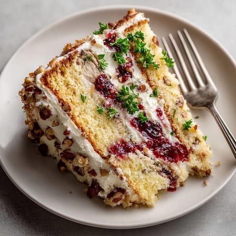 Golden Chaos Cake Thanksgiving Turkey Disaster with Cranberry Swirls garnished with parsley for a festive holiday presentation.